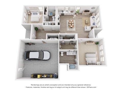A 3D floor plan of a house with a car parked in the garage.