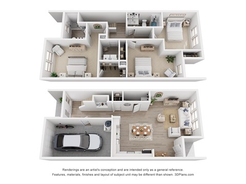 A white 3D floor plan of a house with a car parked in the garage.