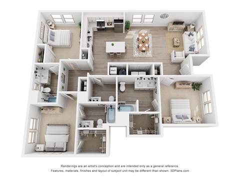 A 3D floor plan of a house with a kitchen, living room, dining room, and bathrooms.