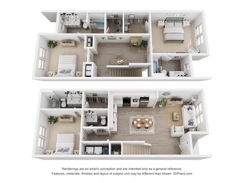A set of four 3D floor plans of a house.