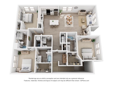 A 3D floor plan of a house with multiple rooms and furniture.