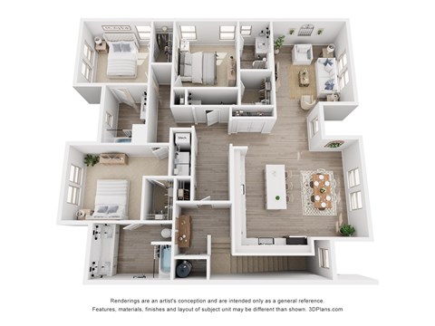 A 3D floor plan of a house with multiple rooms and furniture.