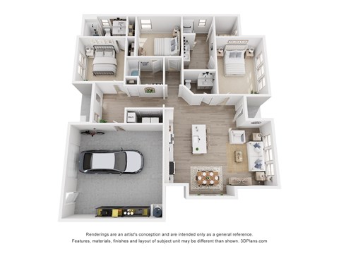 A 3D floor plan of a house with a car parked in the garage.