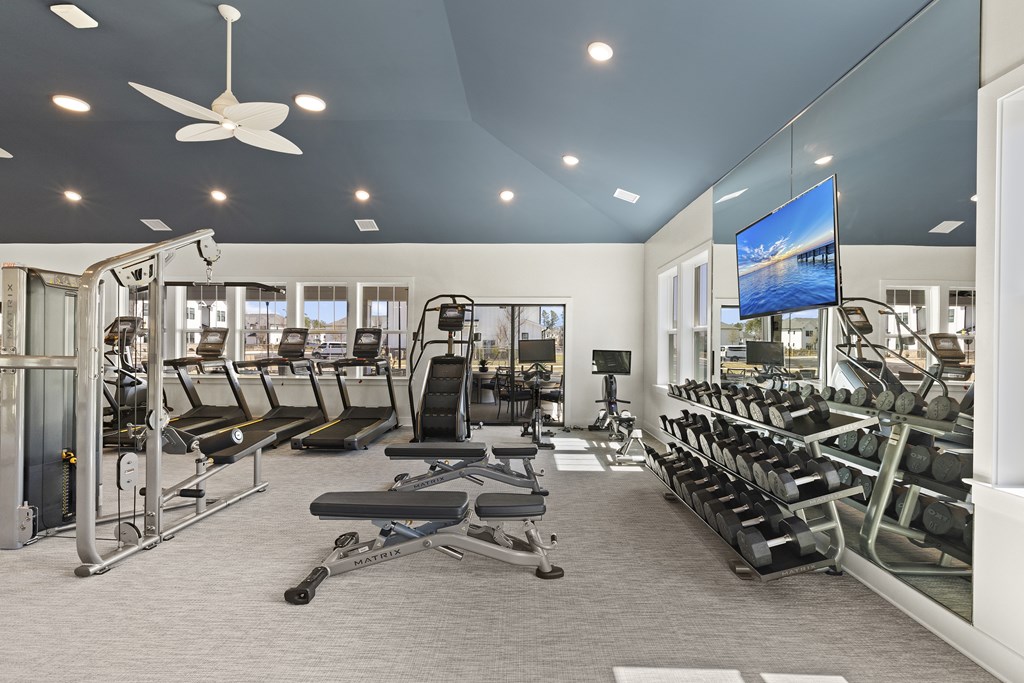 A spacious gym with a variety of equipment including treadmills and weights and a television.