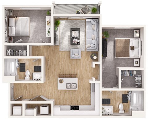 a floor plan of a two bedroom apartment with two bathrooms and a balcony