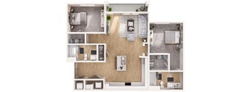 a floor plan of a two bedroom apartment with two bathrooms and a balcony