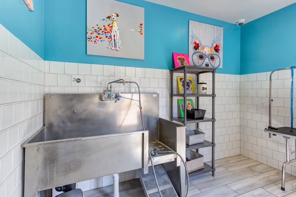 a large stainless steel sink in a room with blue walls and white tiled floors