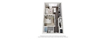a stylized floor plan with a bedroom and a living room