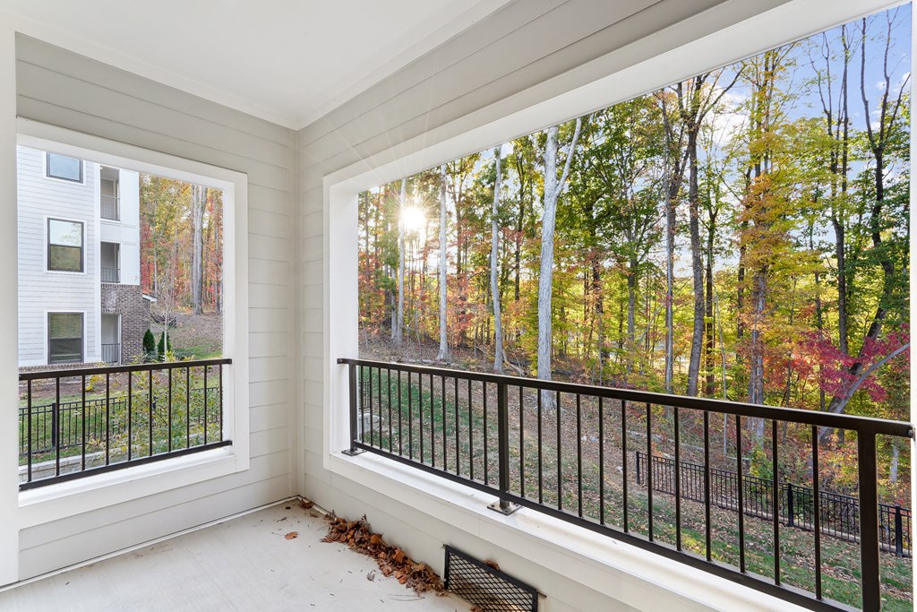 the porch has a view of the woods and the sun shining through the window