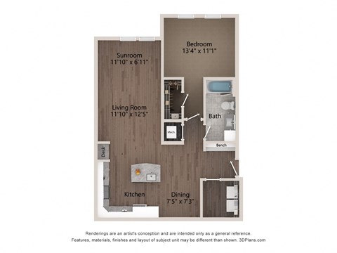 a floor plan of a studio apartment with a bedroom and a living room