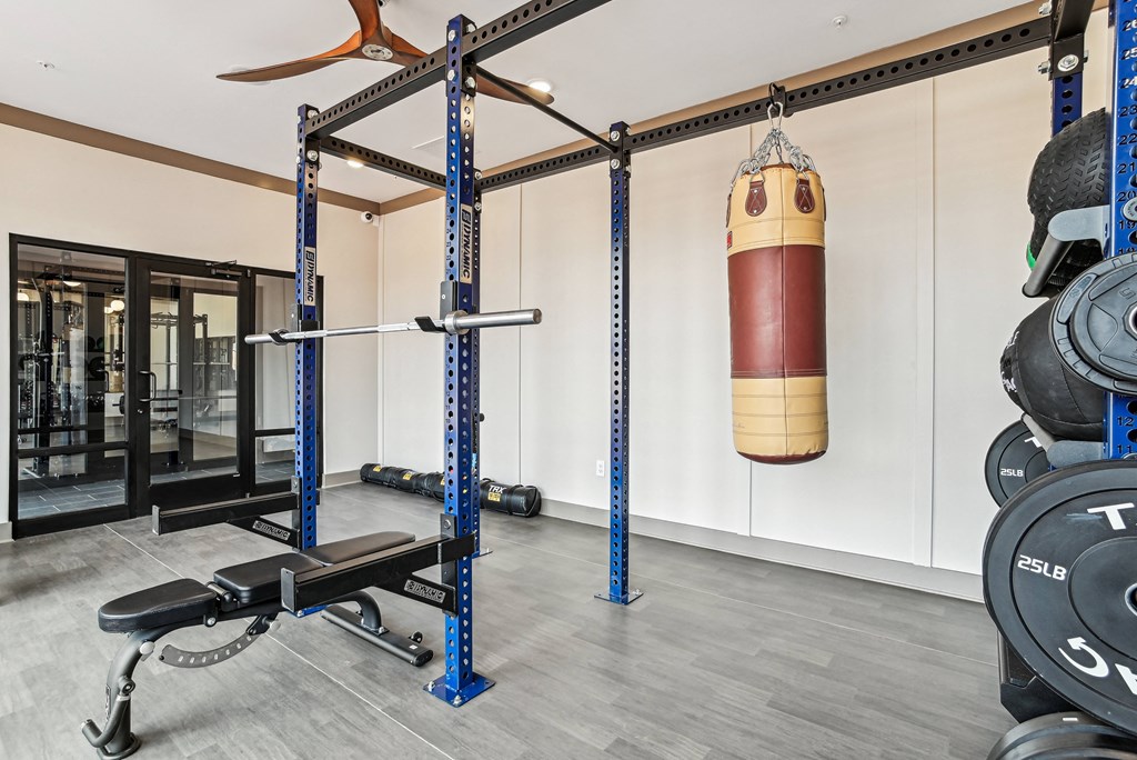 a gym with weights and a punching bag on the wall