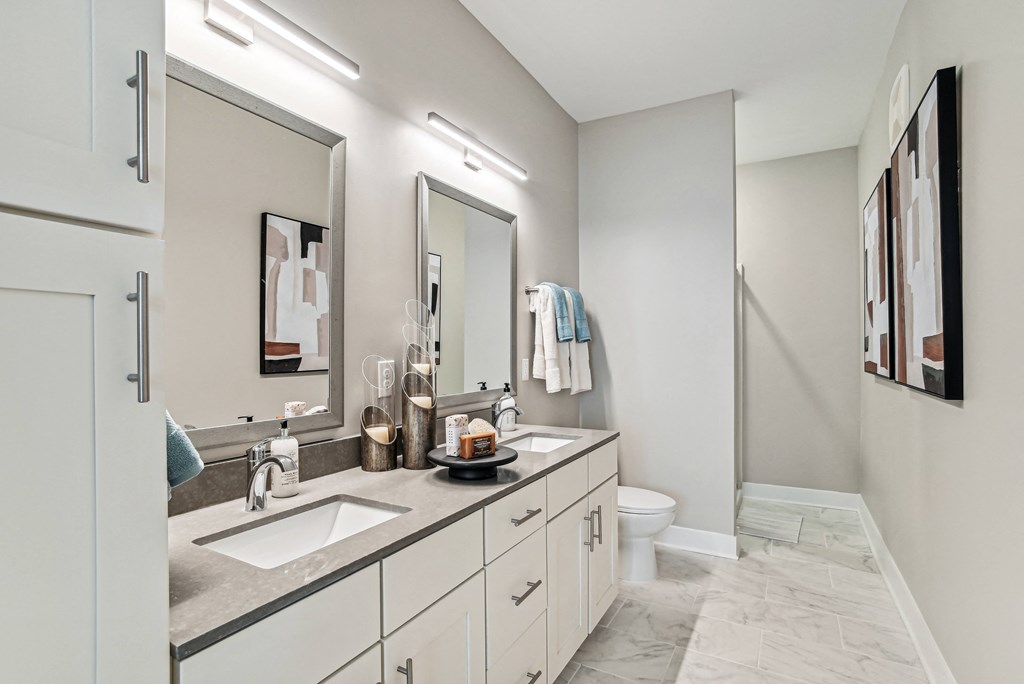 a bathroom with two sinks and a shower and a toilet