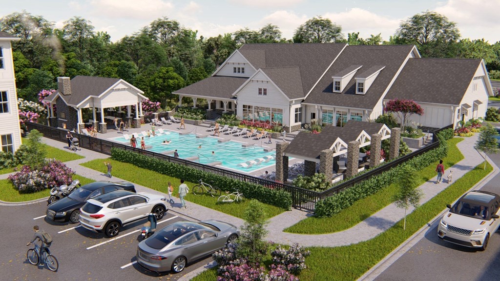 a rendering of a pool and house community with cars parked in a parking lot