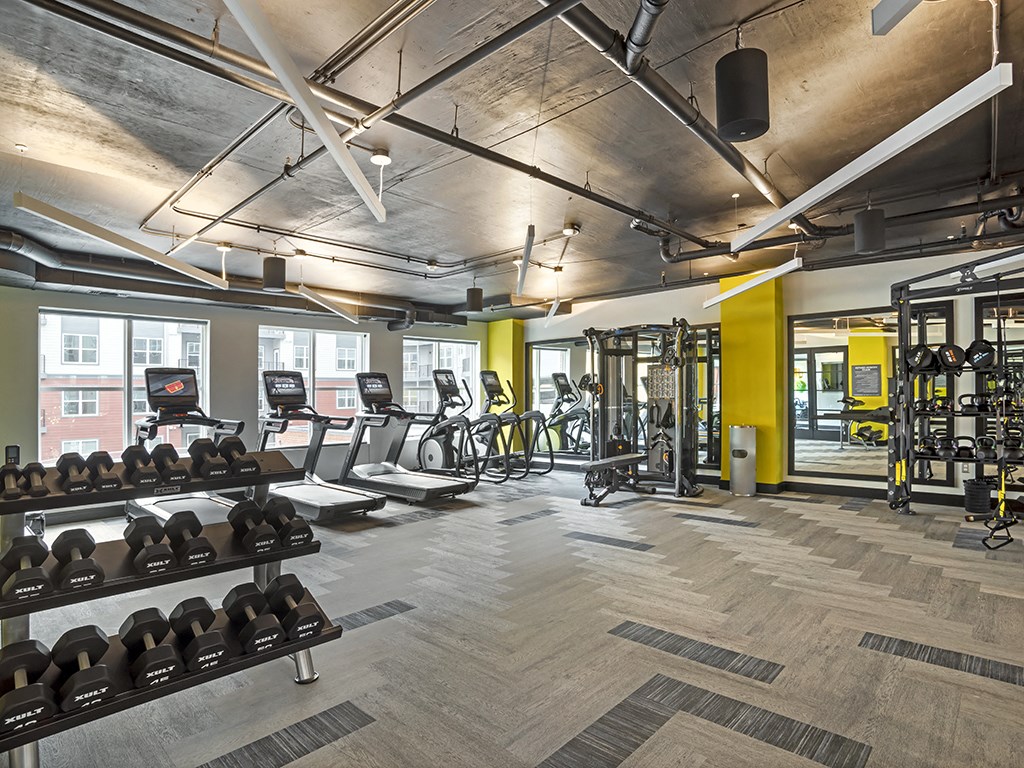 A gym with a variety of equipment including treadmills, weights, and exercise machines.