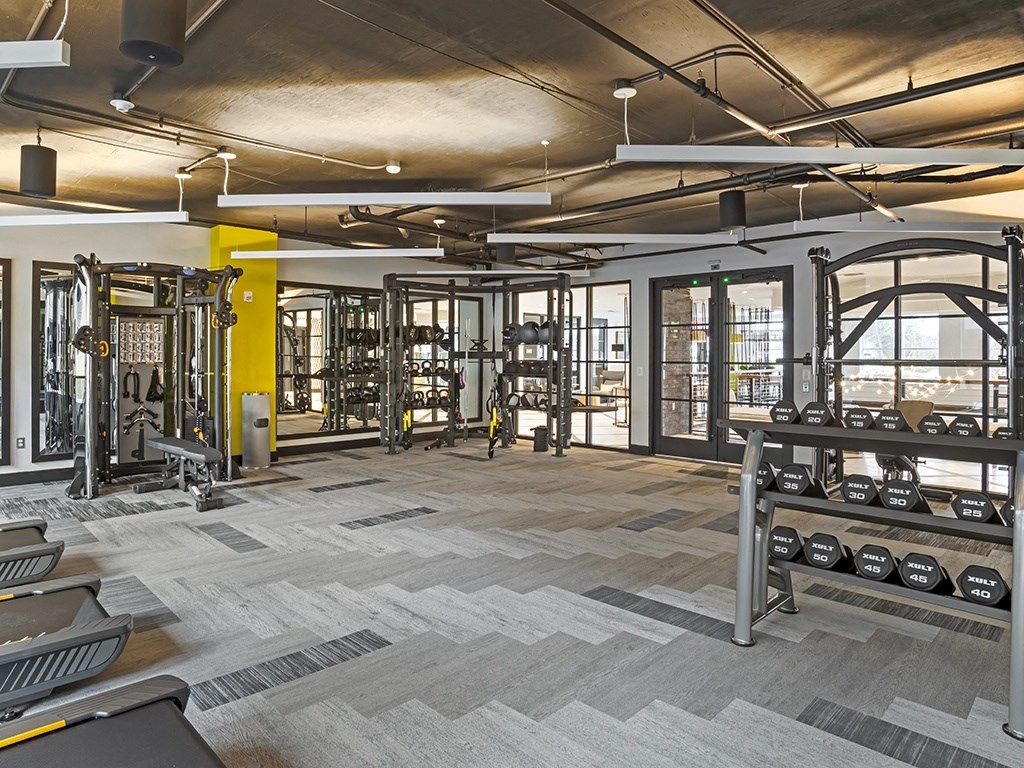 A gym with a variety of equipment including treadmills, weights, and exercise machines.