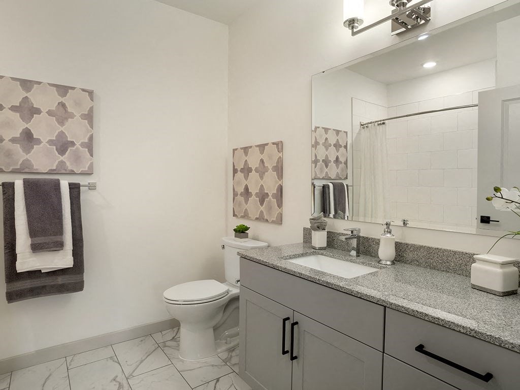 A bathroom with a toilet, sink, and mirror.