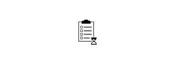 A black and white image of a clipboard with a checklist and an hourglass.