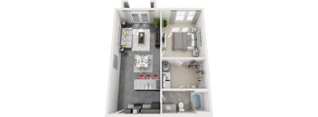 a rendering of a 1 bedroom floor plan with a bathroom and a living room