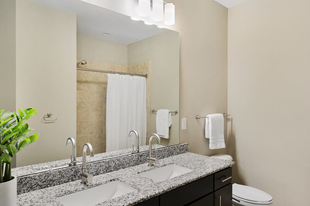a bathroom with a large mirror and two sinks