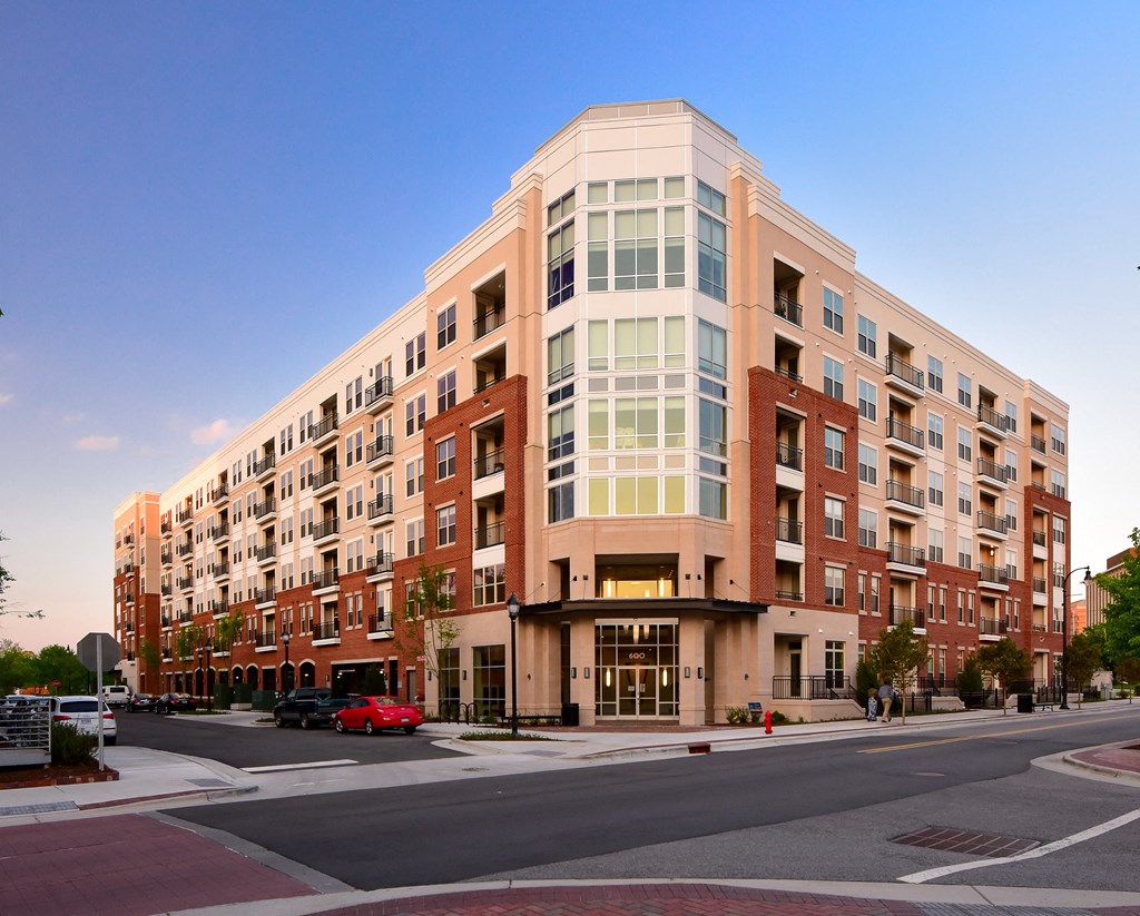 Building exterior at sunset