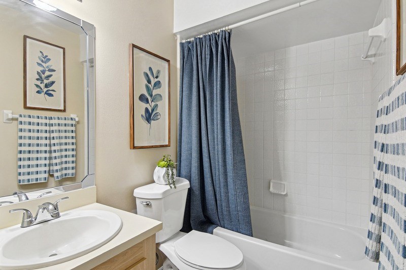 A bathroom with a white toilet, a white sink, and a blue shower curtain.