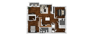 A top-down view of a small apartment with a living room, kitchen, and bathroom.