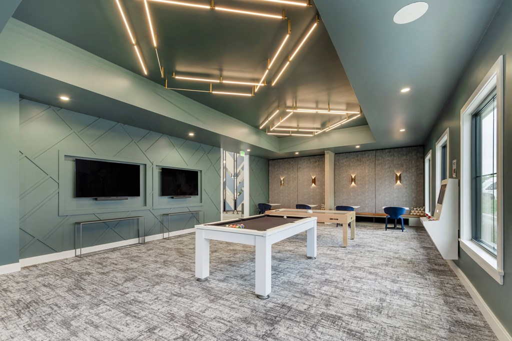 a games room with a pool table and television