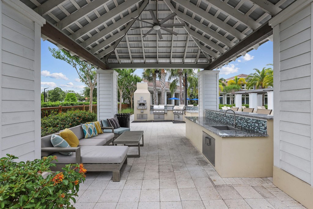 a covered patio with couches and a bar and a grill
