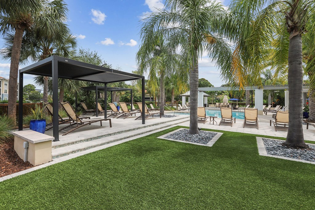a lounge area with chairs and palm trees