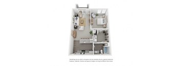 A floor plan of a small apartment with a kitchen, living room, and bathroom.