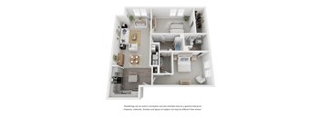 A white floor plan of a house with a kitchen, living room, and bathroom.