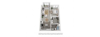 A top-down view of a well-organized apartment with a living room, kitchen, and bathroom.