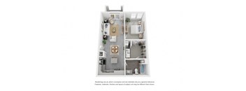 A floor plan of a small apartment with a kitchen, living room, and bathroom.