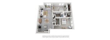 A floor plan of a house with a kitchen, living room, dining room, and two bedrooms.