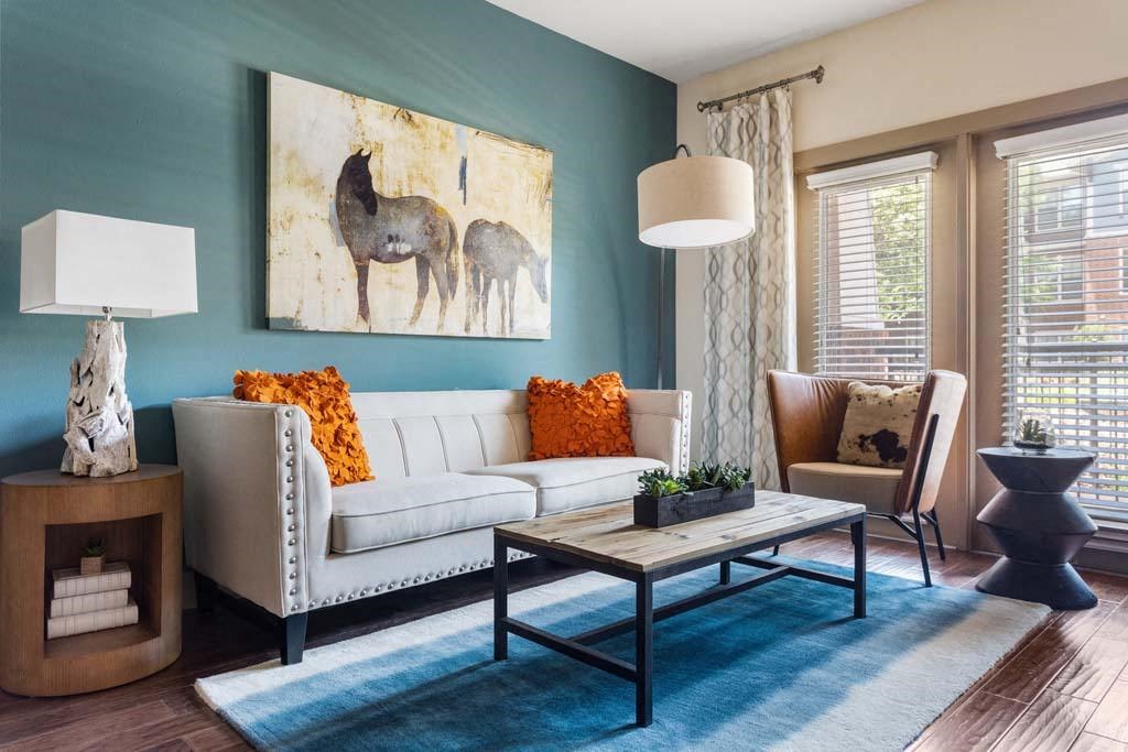 a living room with a couch and a coffee table