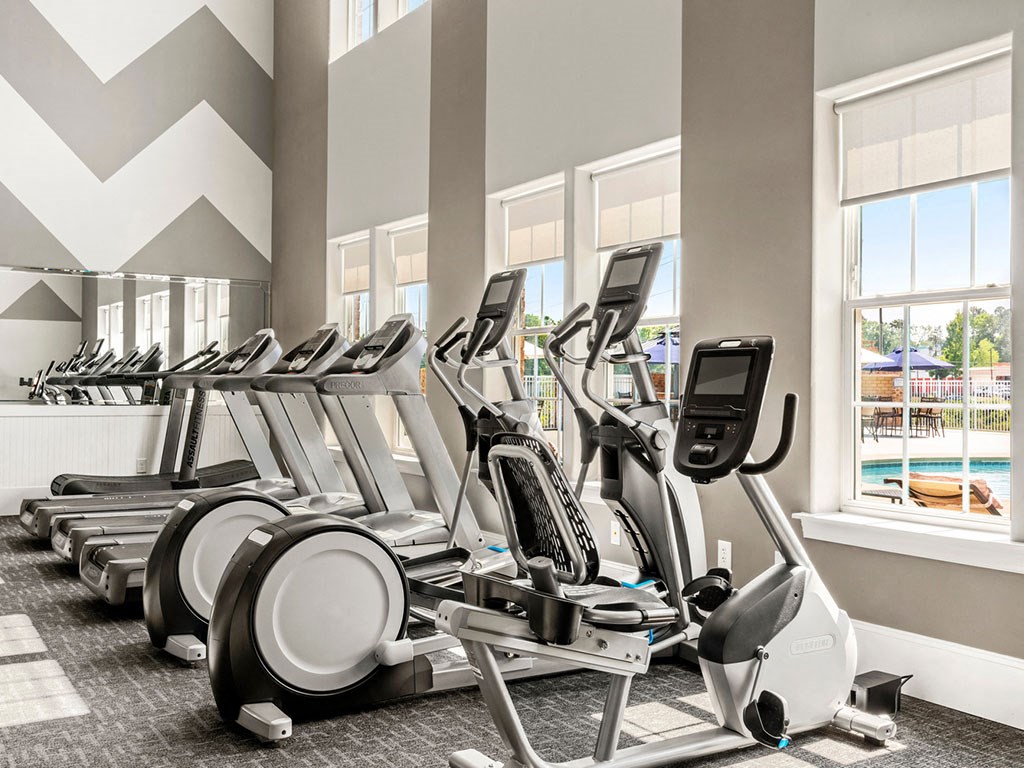 A gym with treadmills and elliptical machines.
