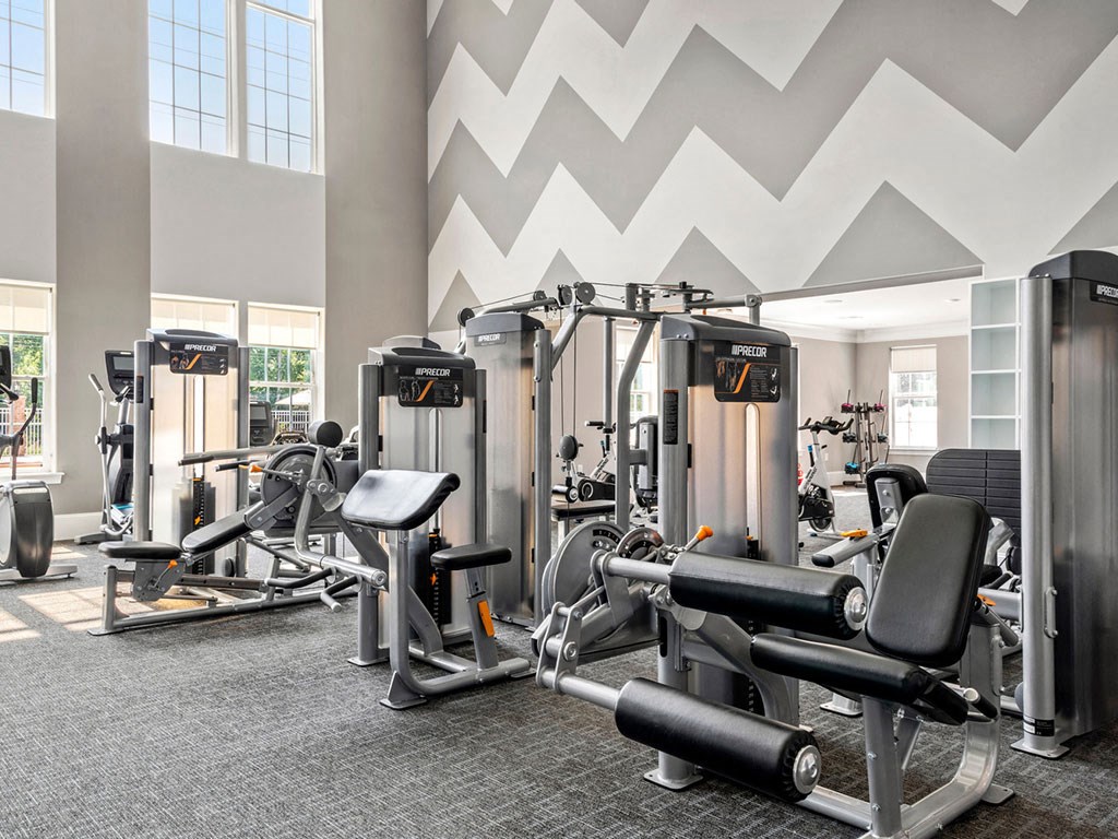A gym with a variety of equipment including a leg press machine and a chest press machine.