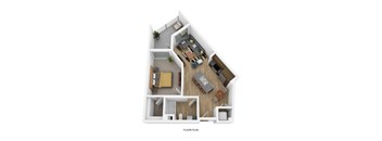A floor plan of a house with a living room, kitchen, and two bedrooms.