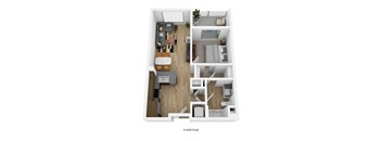 A floor plan of a small apartment with a kitchen, living room, and bedrooms.