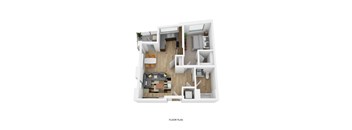 A floor plan of a house with a living room, kitchen, and two bedrooms.
