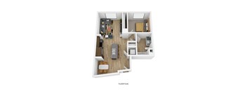 A floor plan of a house with a living room, kitchen, and two bedrooms.