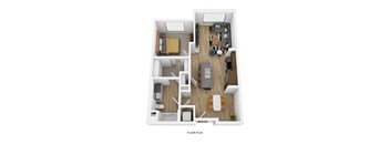 A floor plan of a house with a living room, kitchen, and two bedrooms.