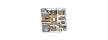 A floor plan of a house with a living room, kitchen, and bedrooms.