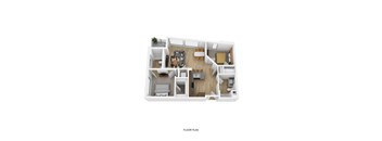 A floor plan of a small apartment with a living room, kitchen, and two bedrooms.