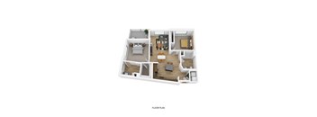 A floor plan of a house with a living room, kitchen, dining room, and bedrooms.