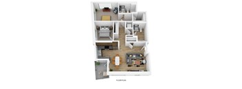 A floor plan of a house with a living room, kitchen, and bedrooms.