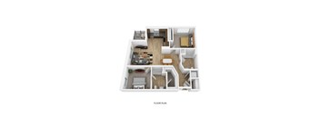 A floor plan of a house with a kitchen, living room, and bedrooms.