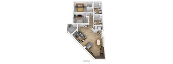 A floor plan of a house with a living room, kitchen, dining room, and bedrooms.