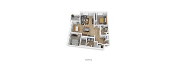 A floor plan of a house with a living room, kitchen, and two bedrooms.