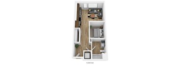 A floor plan of a house with a living room, kitchen, and two bedrooms.